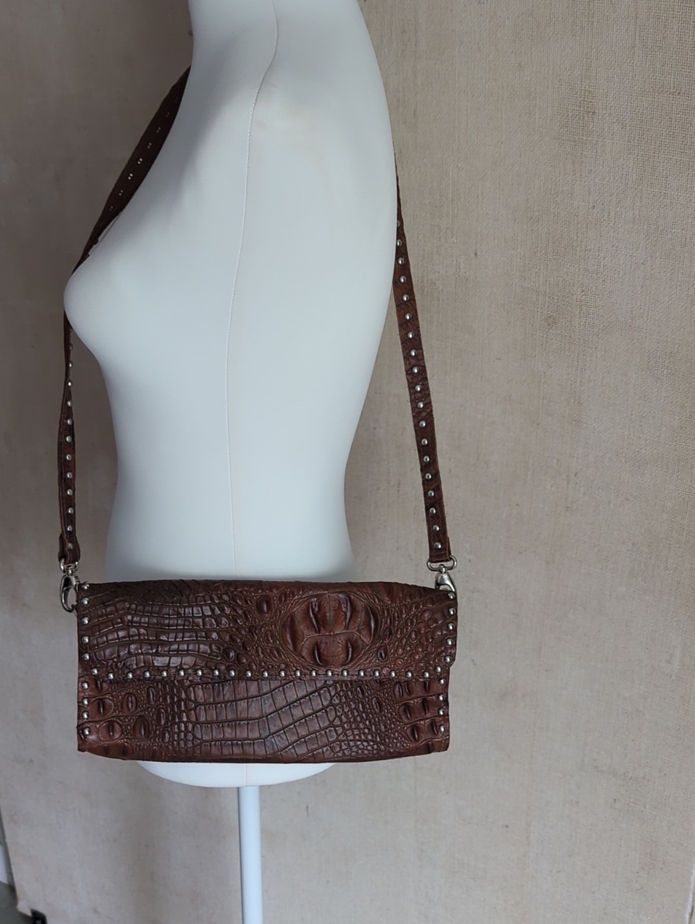 Western Croc-Embossed East/West Leather Purse Studded Edges & Shoulder Strap